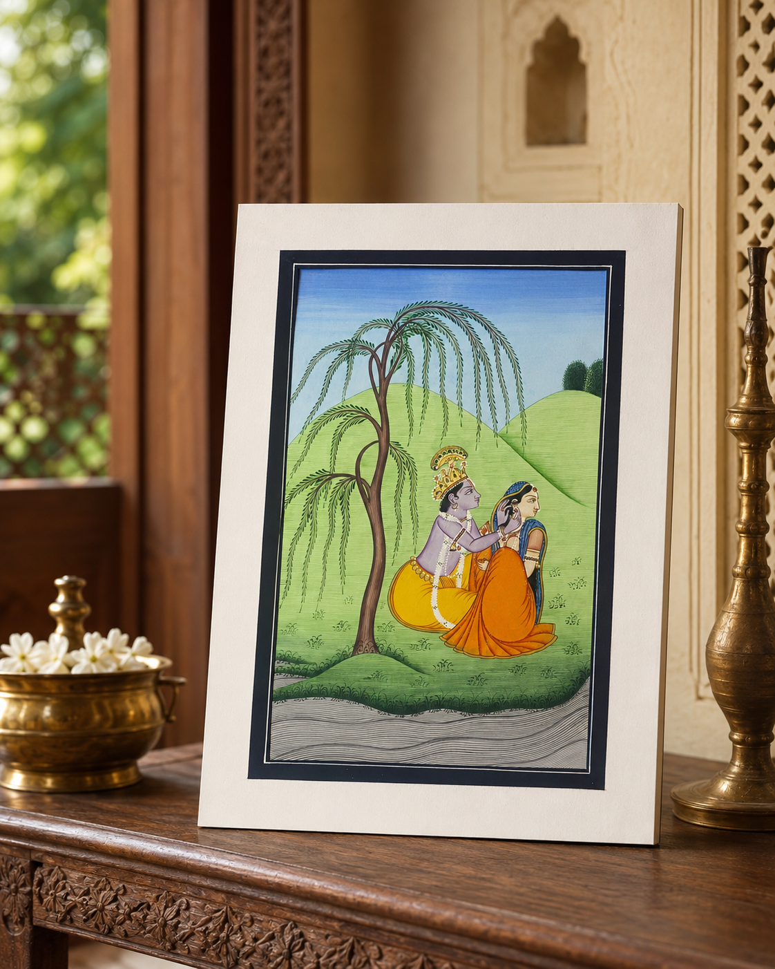 Kangra miniature painting of Radha Krishna under the willow tree